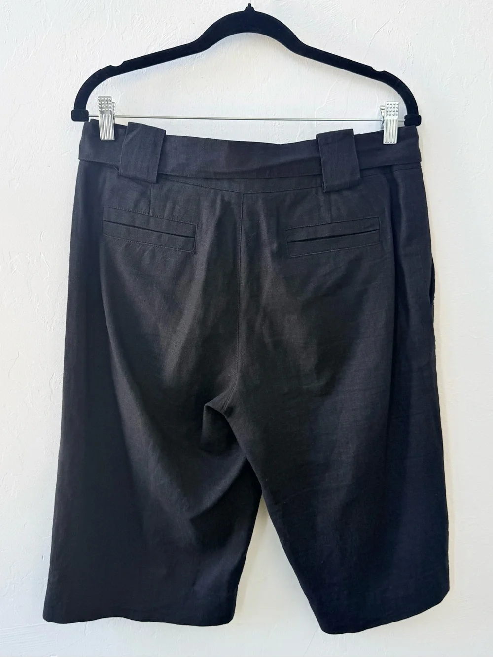 Andre Oliver Linen Blend Black Wide Leg Belted Knee Length Shorts